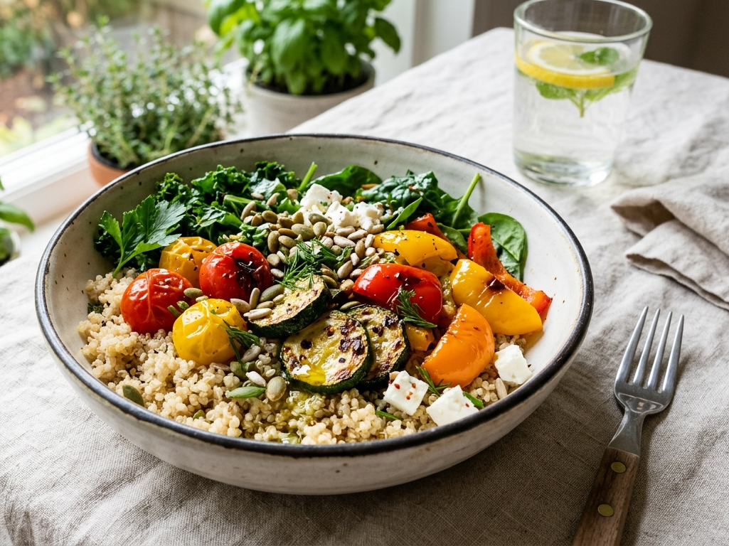 Ciotola di quinoa colorata con verdure di stagione